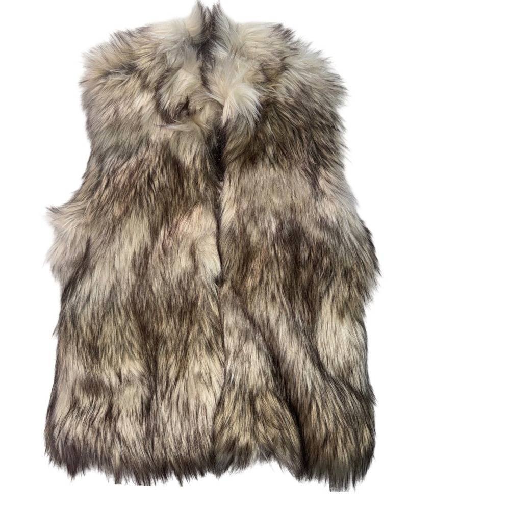 Ci Sono by Cavalini Faux Fur Vest Brown Cream Tan Shaggy Sleeveless Small NEW